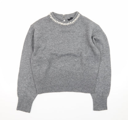New Look Women Grey Beaded Crew Neck Long Sleeve Pullover Jumper M