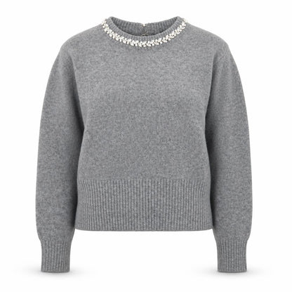 New Look Women Grey Beaded Crew Neck Long Sleeve Pullover Jumper M