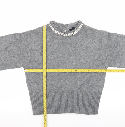 New Look Women Grey Beaded Crew Neck Long Sleeve Pullover Jumper M