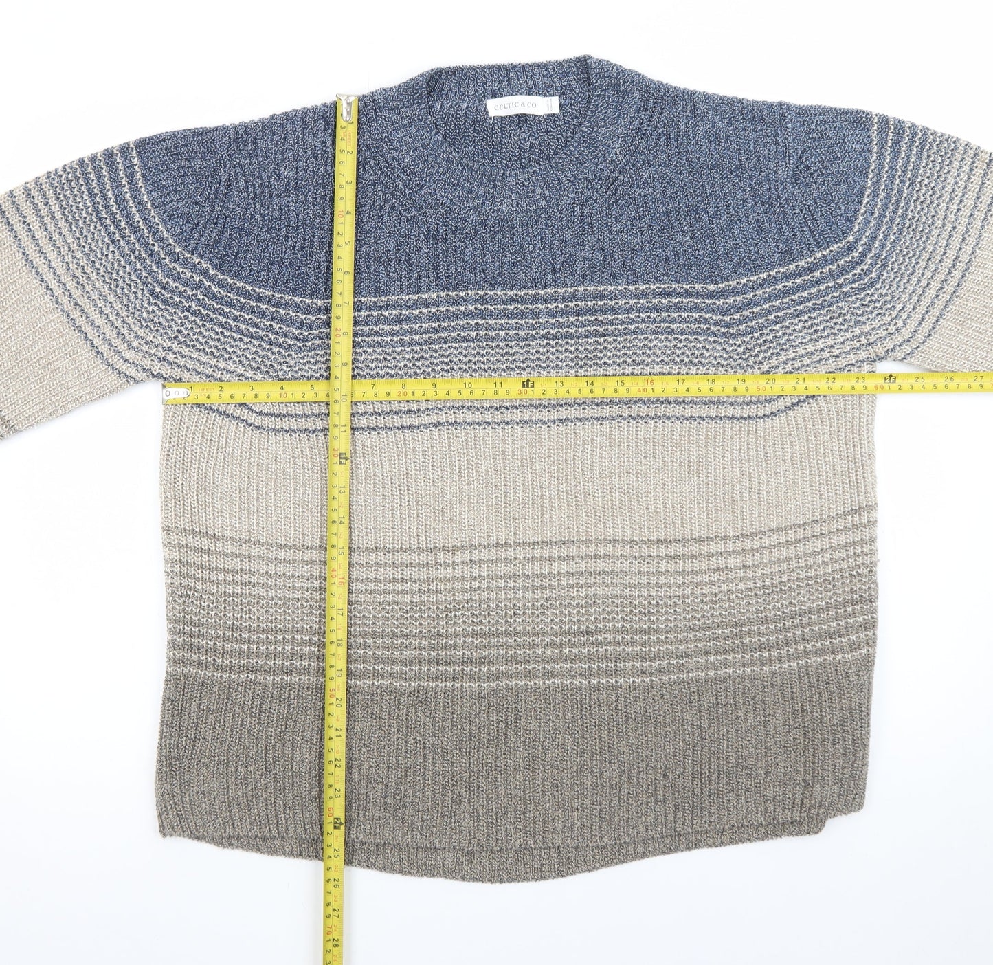 Celtic & Co. Men's Blue Wool Striped Crew Neck Jumper L