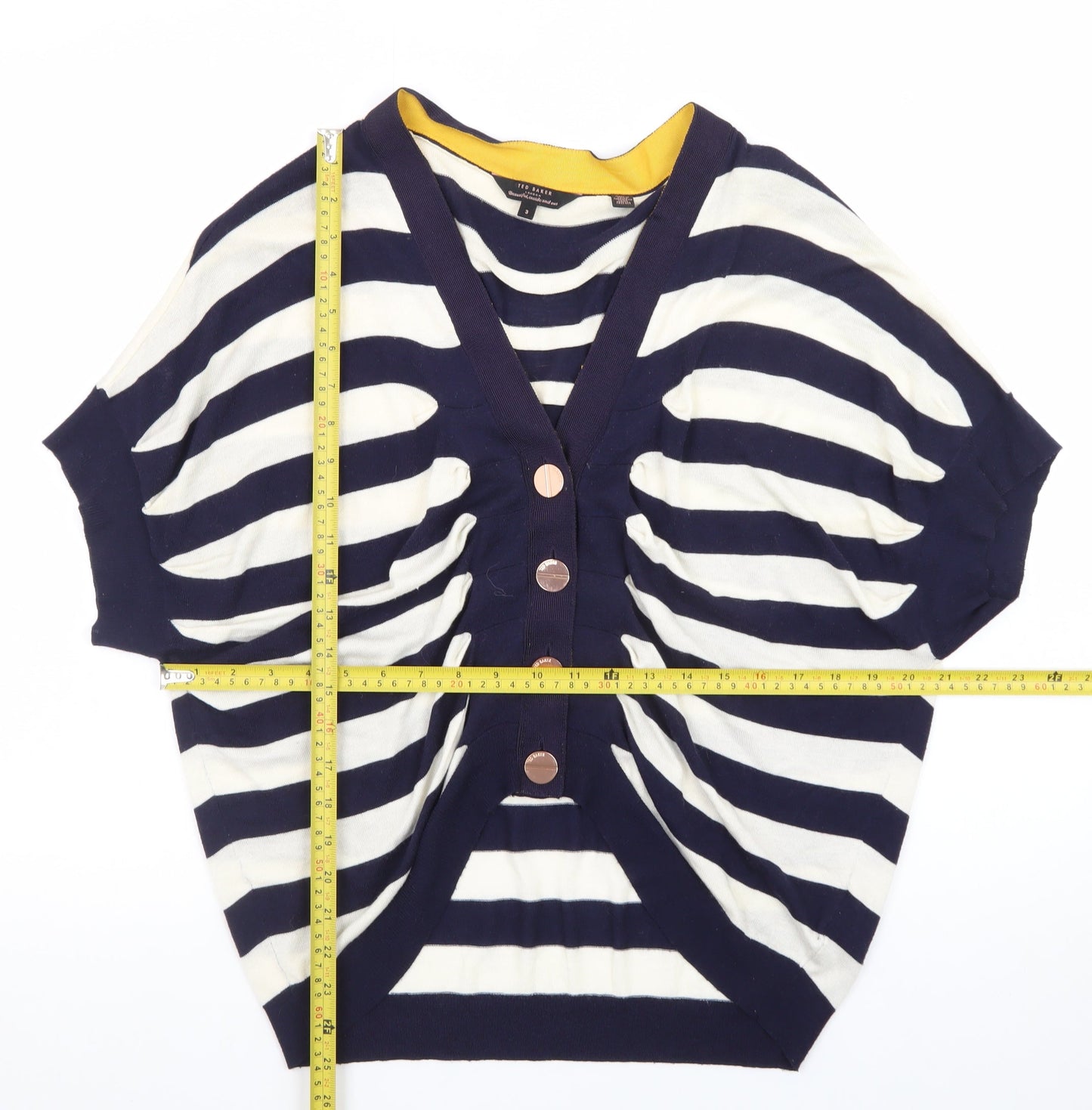Ted Baker Women's Blue Striped Cropped Button-Up Knit Top Size M
