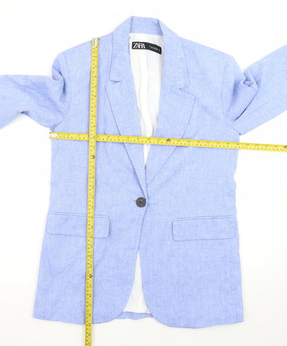 Zara Women Blue Linen Blend Single-Breasted Blazer Size 8