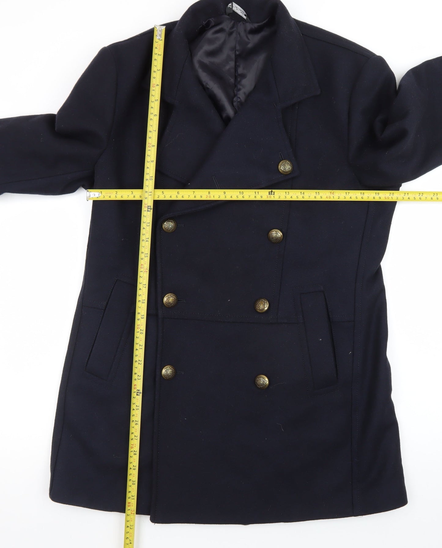 Zara Women's Navy Blue Wool Pea Coat Size 14 Classic Double-Breasted