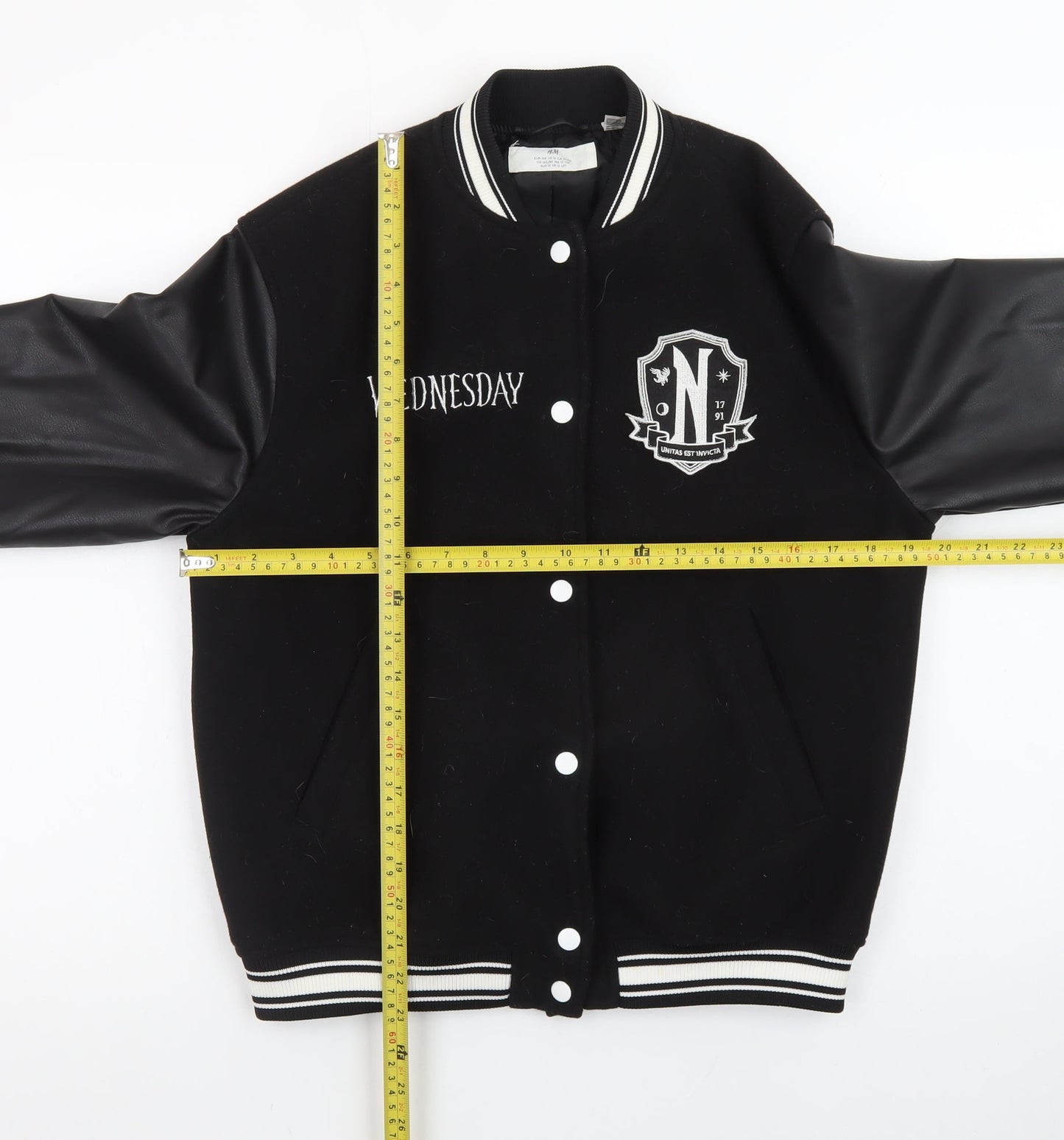 H&M Girls Black Wednesday Addams Varsity Jacket 12-13 Years Lined Casual