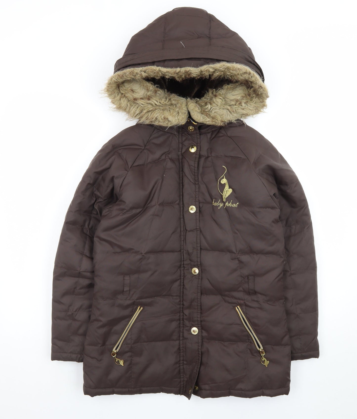 Baby Phat Women's Brown Faux Fur Hooded Puffer Coat M