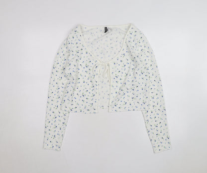H&M Divided Women's White Floral Cropped Tie Front Long Sleeve Top Size 14
