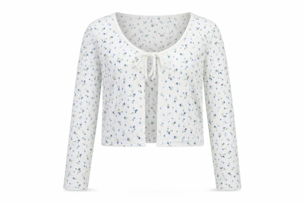 H&M Divided Women's White Floral Cropped Tie Front Long Sleeve Top Size 14