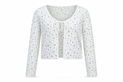 H&M Divided Women's White Floral Cropped Tie Front Long Sleeve Top Size 14