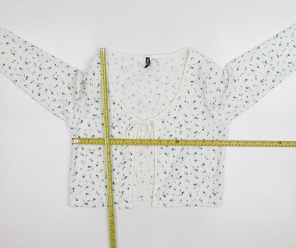 H&M Divided Women's White Floral Cropped Tie Front Long Sleeve Top Size 14