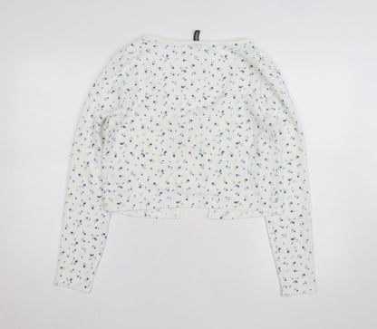 H&M Divided Women's White Floral Cropped Tie Front Long Sleeve Top Size 14
