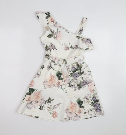 Lipsy Girls Ivory Floral One Shoulder Ruffle Fit & Flare Dress 9-10 Years