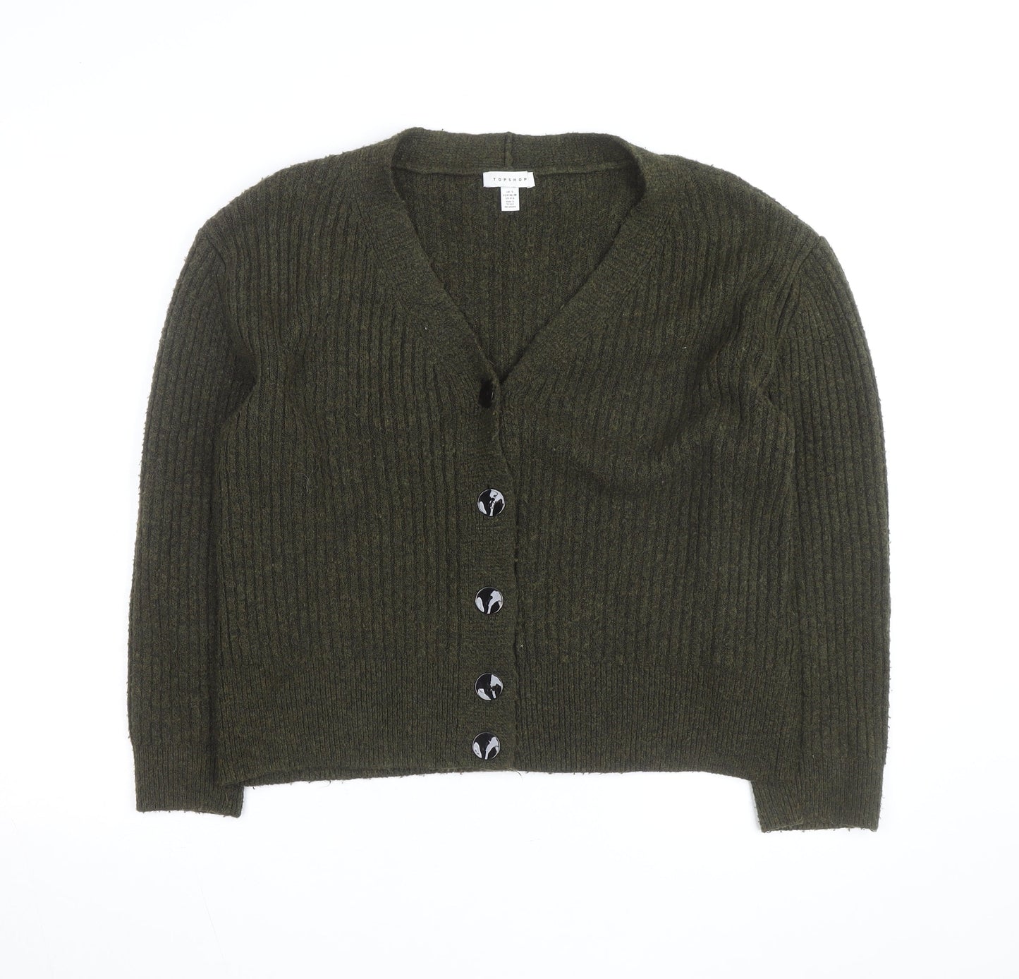 Topshop Women's Green V-Neck Ribbed Button Cardigan Size S