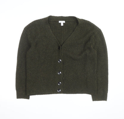 Topshop Women's Green V-Neck Ribbed Button Cardigan Size S