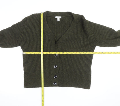 Topshop Women's Green V-Neck Ribbed Button Cardigan Size S
