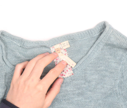 White Stuff Women's Blue V-Neck Cotton Linen Jumper Size 12