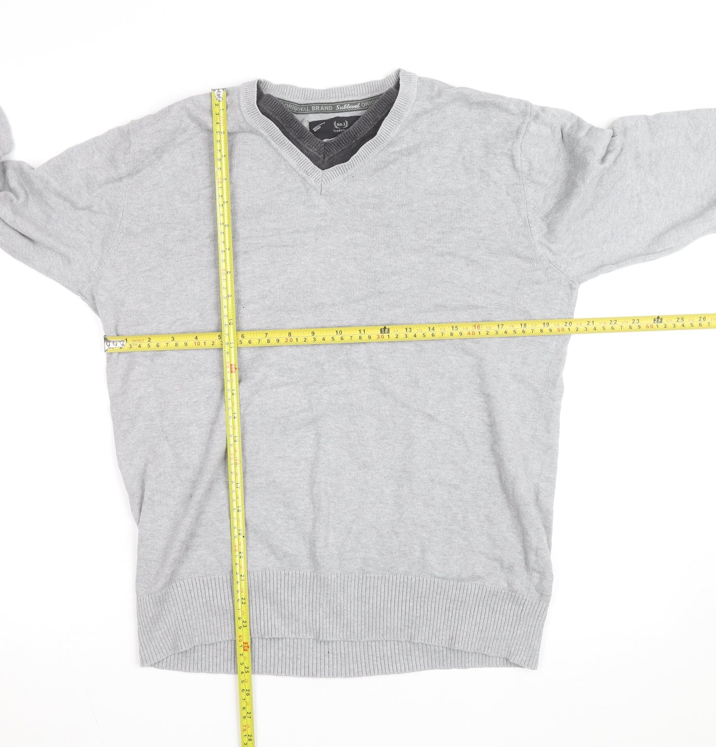 Sublevel Men's Grey V-Neck Cotton Knit Pullover Jumper Size L