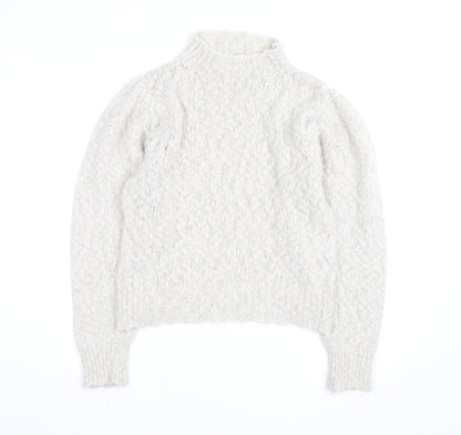 MNG Women Ivory Wool Blend Mock Neck Puff Sleeve Jumper Size 12