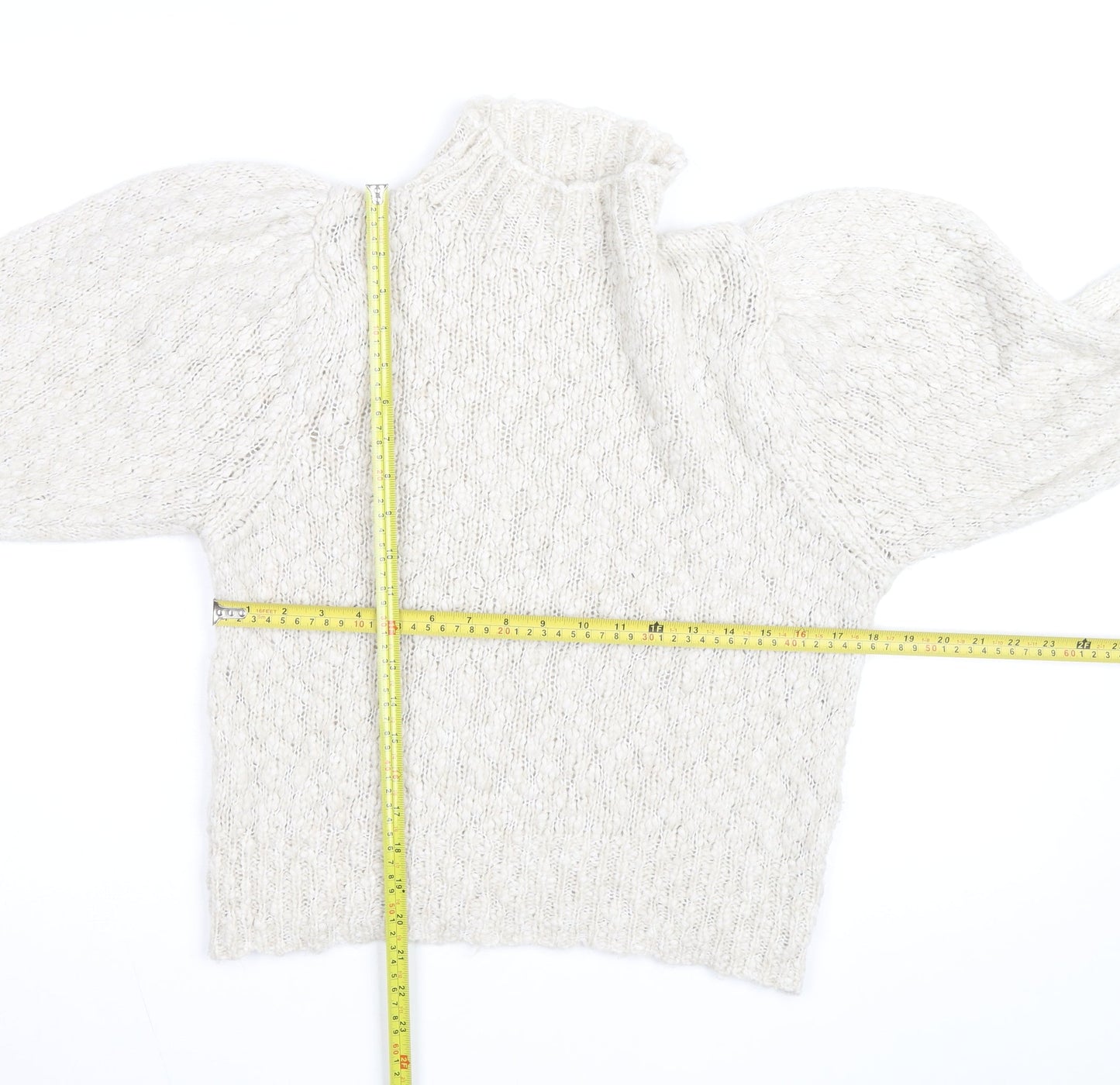 MNG Women Ivory Wool Blend Mock Neck Puff Sleeve Jumper Size 12