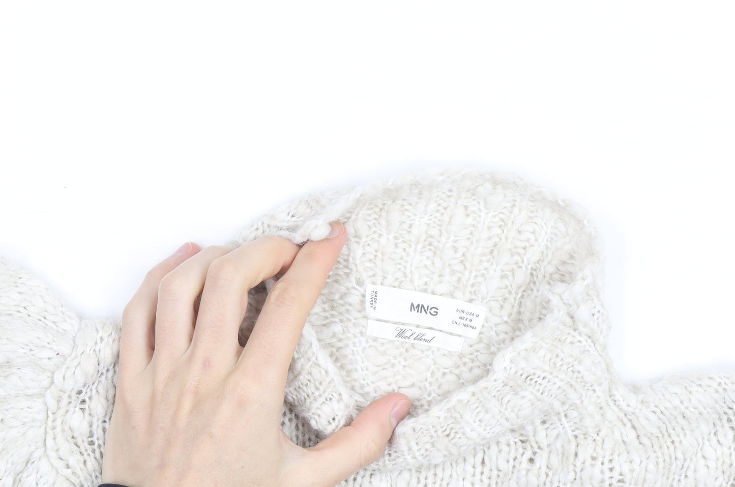 MNG Women Ivory Wool Blend Mock Neck Puff Sleeve Jumper Size 12