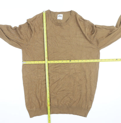 Zara Men Beige Cotton Blend Crew Neck Pullover Jumper M