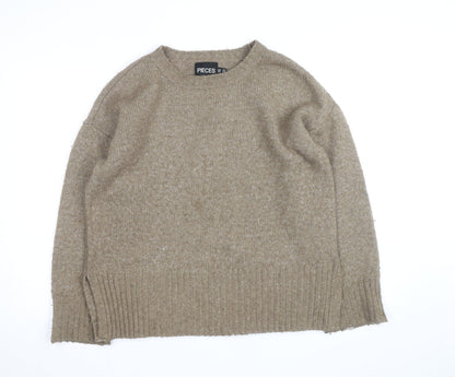 Pieces Beige Chunky-Knit Crew Neck XS Pullover Jumper