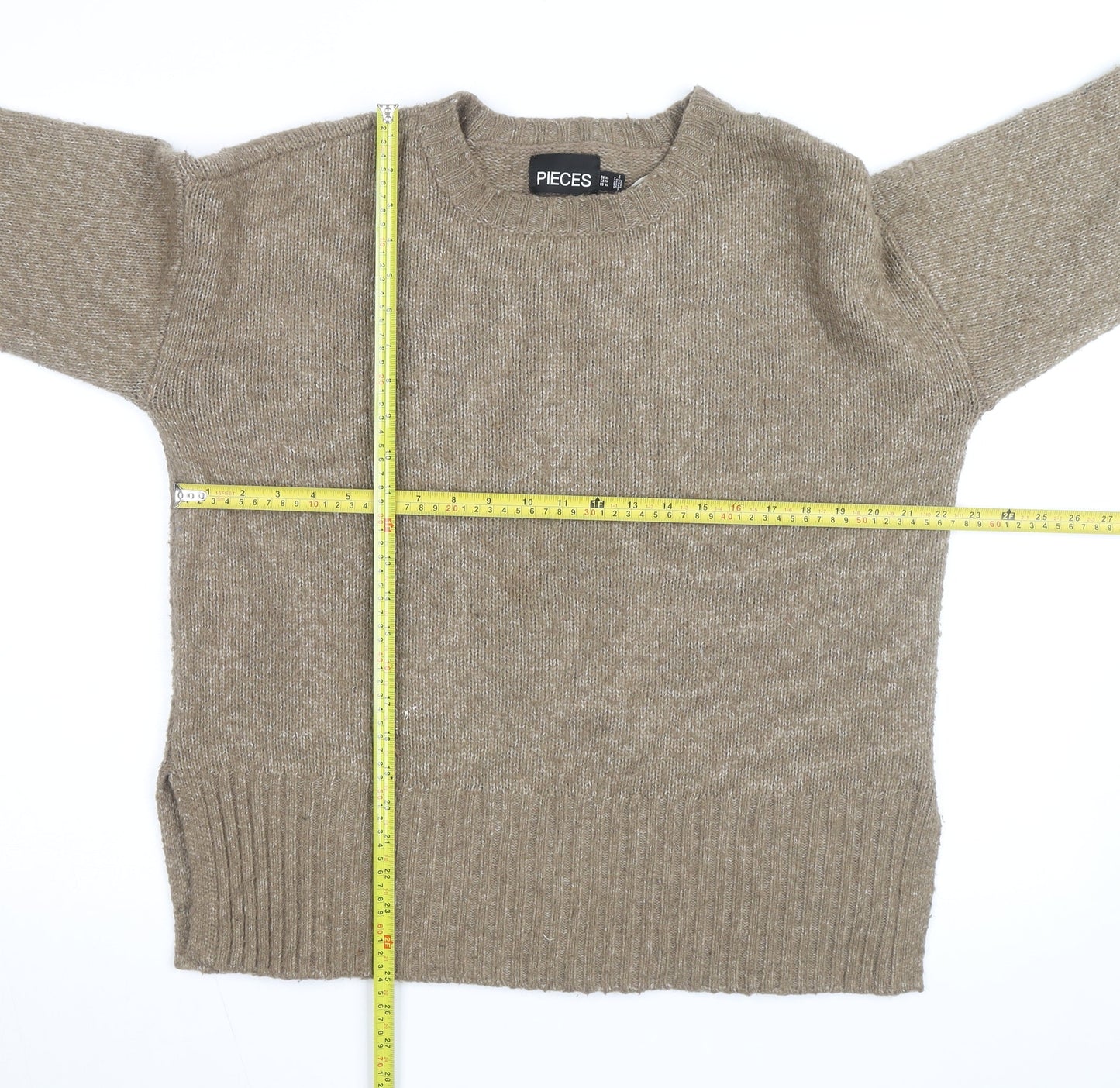Pieces Beige Chunky-Knit Crew Neck XS Pullover Jumper