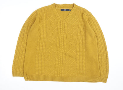 Isle Essentials Women's Yellow Cable-Knit V-Neck Acrylic Jumper Size 18-20