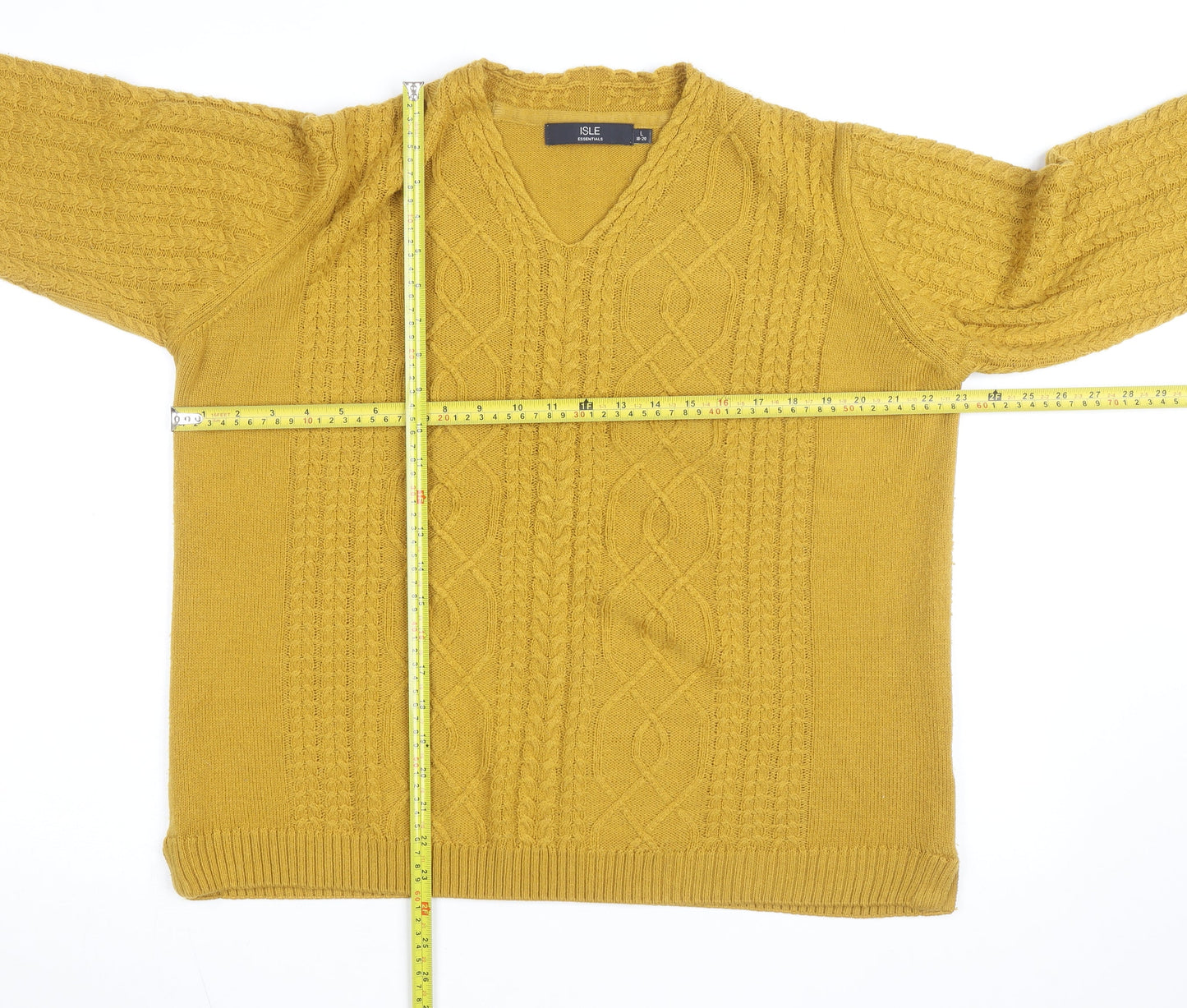 Isle Essentials Women's Yellow Cable-Knit V-Neck Acrylic Jumper Size 18-20