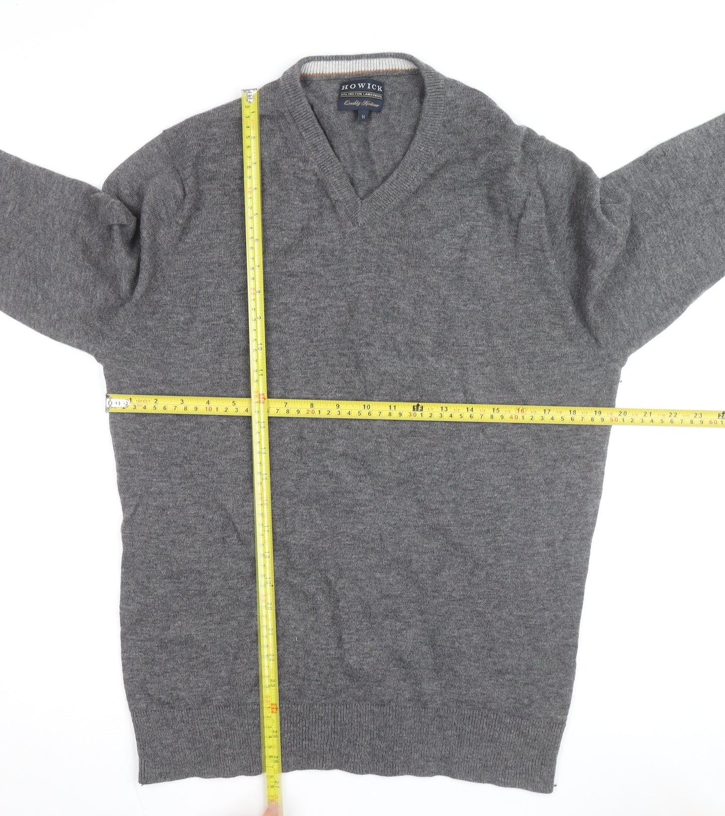 Howick Mens Grey Wool V-Neck Jumper Size M Lambswool Knitwear