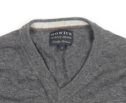 Howick Mens Grey Wool V-Neck Jumper Size M Lambswool Knitwear