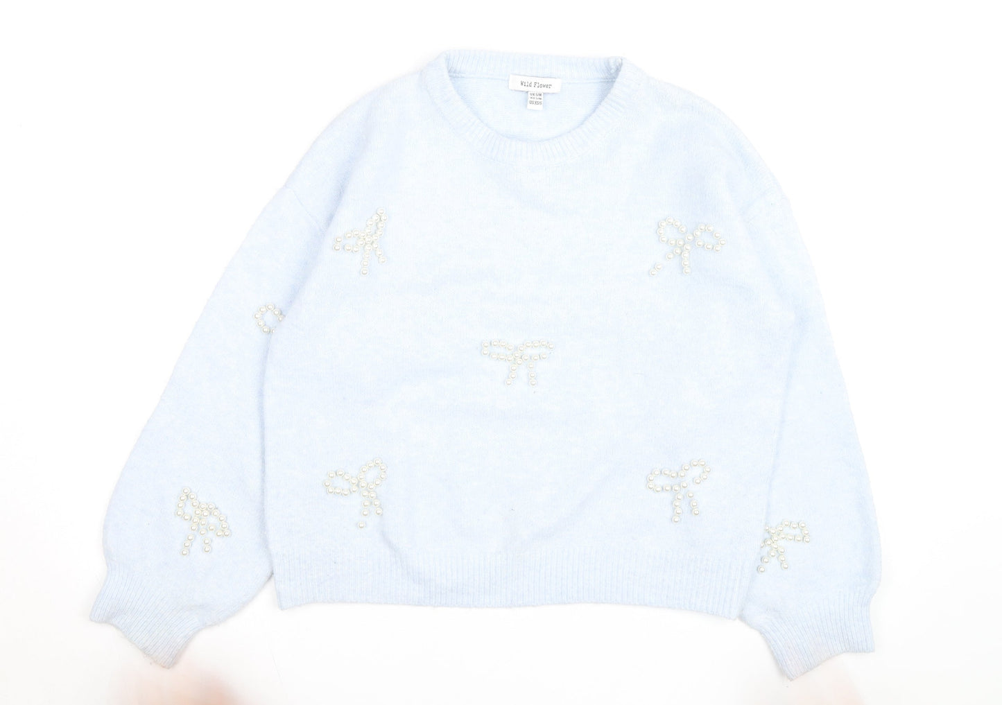 Wild Flower Women's Blue Beaded Bow Knit Pullover Jumper S/M