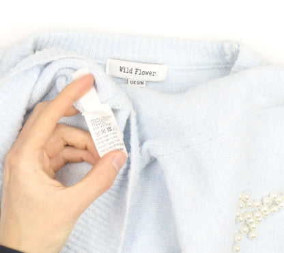 Wild Flower Women's Blue Beaded Bow Knit Pullover Jumper S/M
