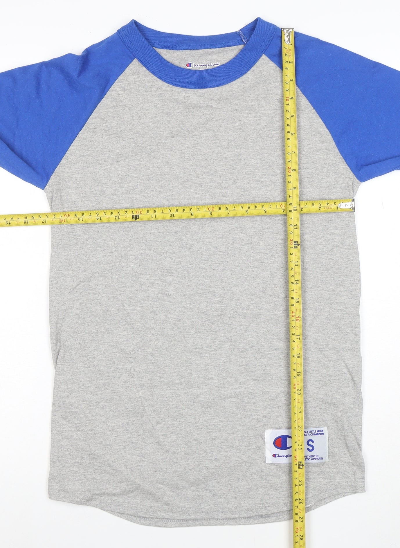 Champion Unisex Grey Blue Raglan 3/4 Sleeve T-Shirt Size S