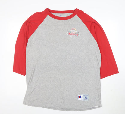 Champion Unisex Grey & Red Raglan 3/4 Sleeve Cotton T-Shirt XL