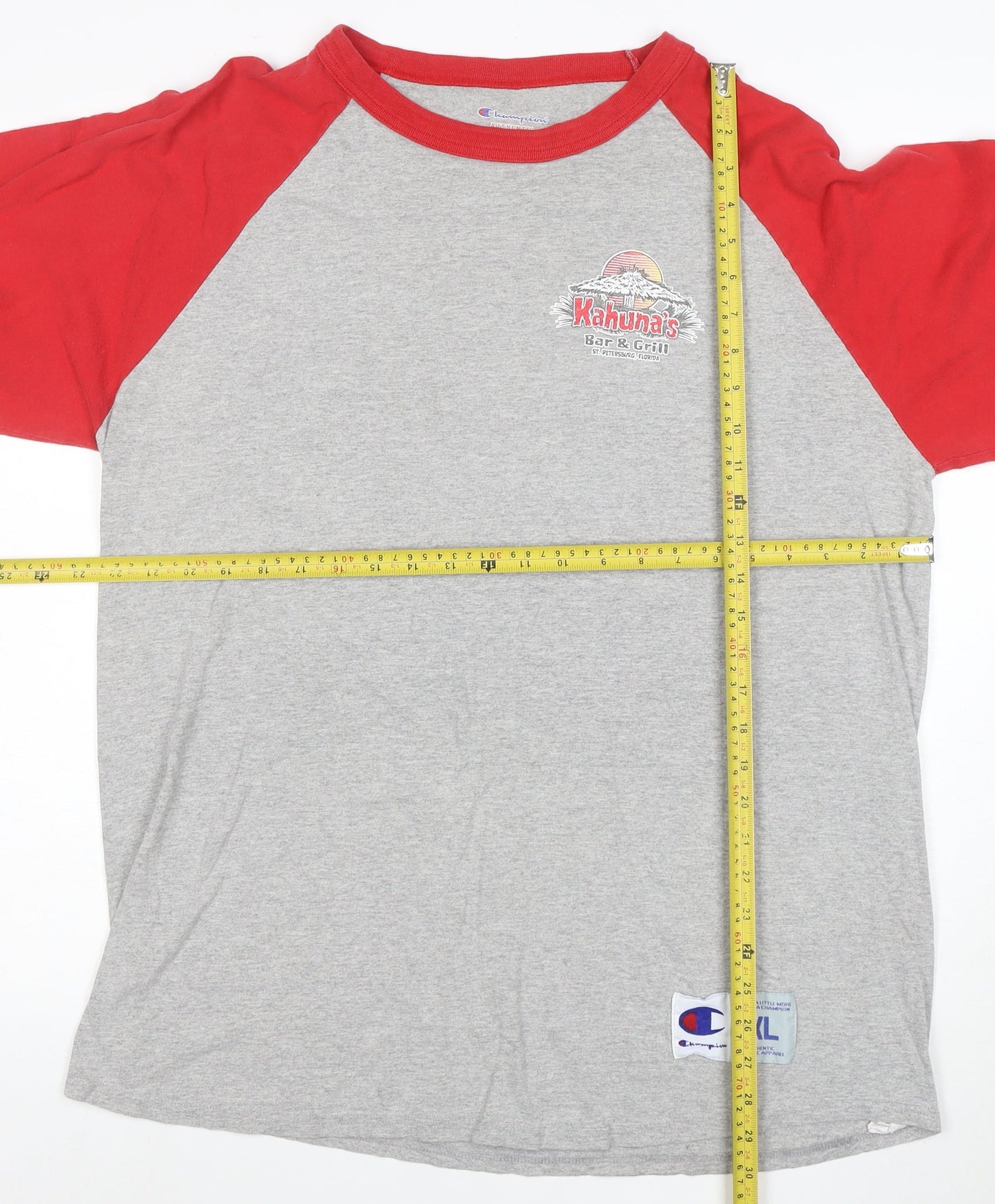Champion Unisex Grey & Red Raglan 3/4 Sleeve Cotton T-Shirt XL