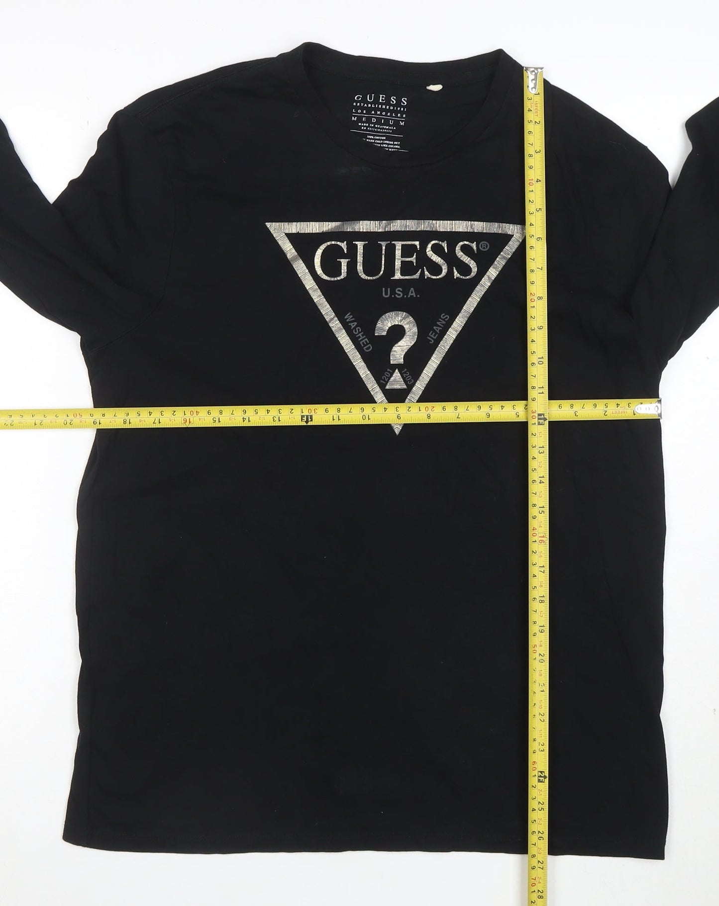 Guess Men's Black Long Sleeve Logo Cotton T-Shirt Medium