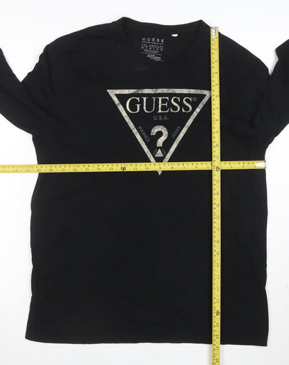 Guess Men's Black Long Sleeve Logo Cotton T-Shirt Medium