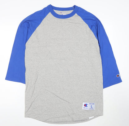 Champion Women Grey Blue Raglan 3/4 Sleeve Basic T-Shirt L