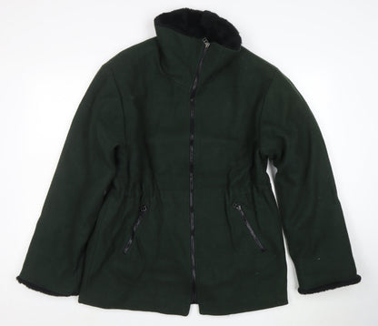Lodenfrey Women Dark Green Wool Zip Coat with Fur Collar Size M