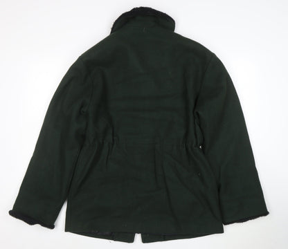 Lodenfrey Women Dark Green Wool Zip Coat with Fur Collar Size M