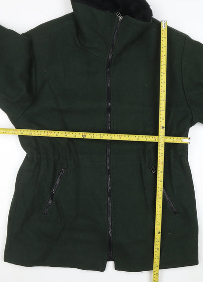 Lodenfrey Women Dark Green Wool Zip Coat with Fur Collar Size M