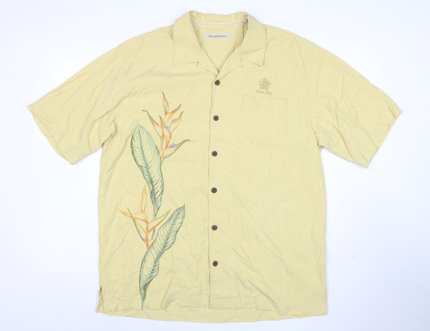 Tommy Bahama Men's Beige Silk Hawaiian Floral Short Sleeve Shirt L