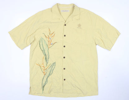 Tommy Bahama Men's Beige Silk Hawaiian Floral Short Sleeve Shirt L