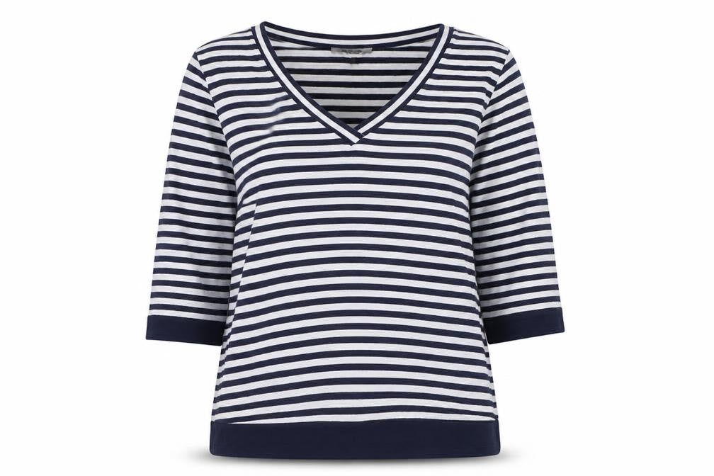 Jaeger Women's Blue White Striped V-Neck Jersey Top Size L