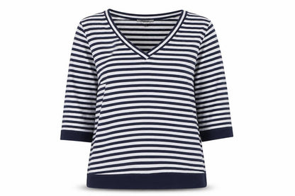 Jaeger Women's Blue White Striped V-Neck Jersey Top Size L