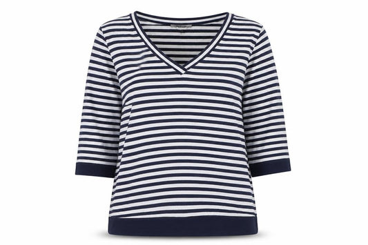 Jaeger Women's Blue White Striped V-Neck Jersey Top Size L