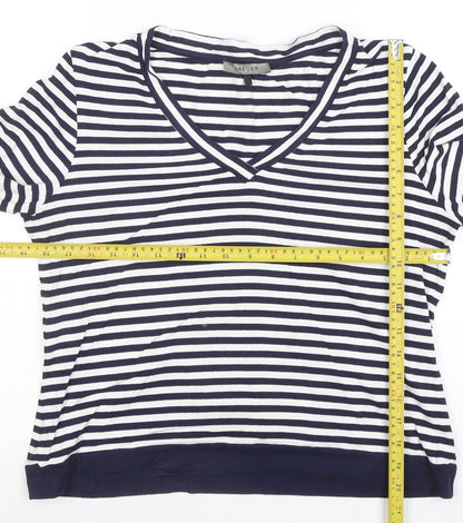 Jaeger Women's Blue White Striped V-Neck Jersey Top Size L