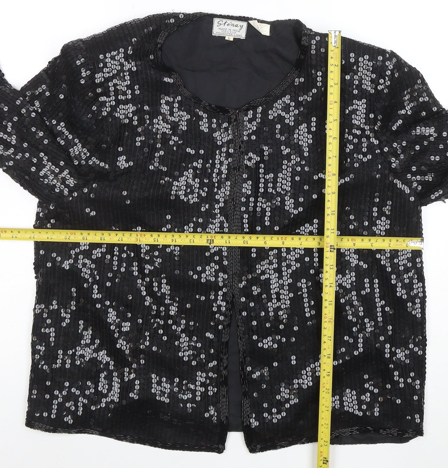 Stenay Women Black Sequin Silk Lined Blazer Size L Party Jacket