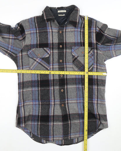 Vintage Campus Men's Grey Plaid Wool Flannel Button-Up Shirt M