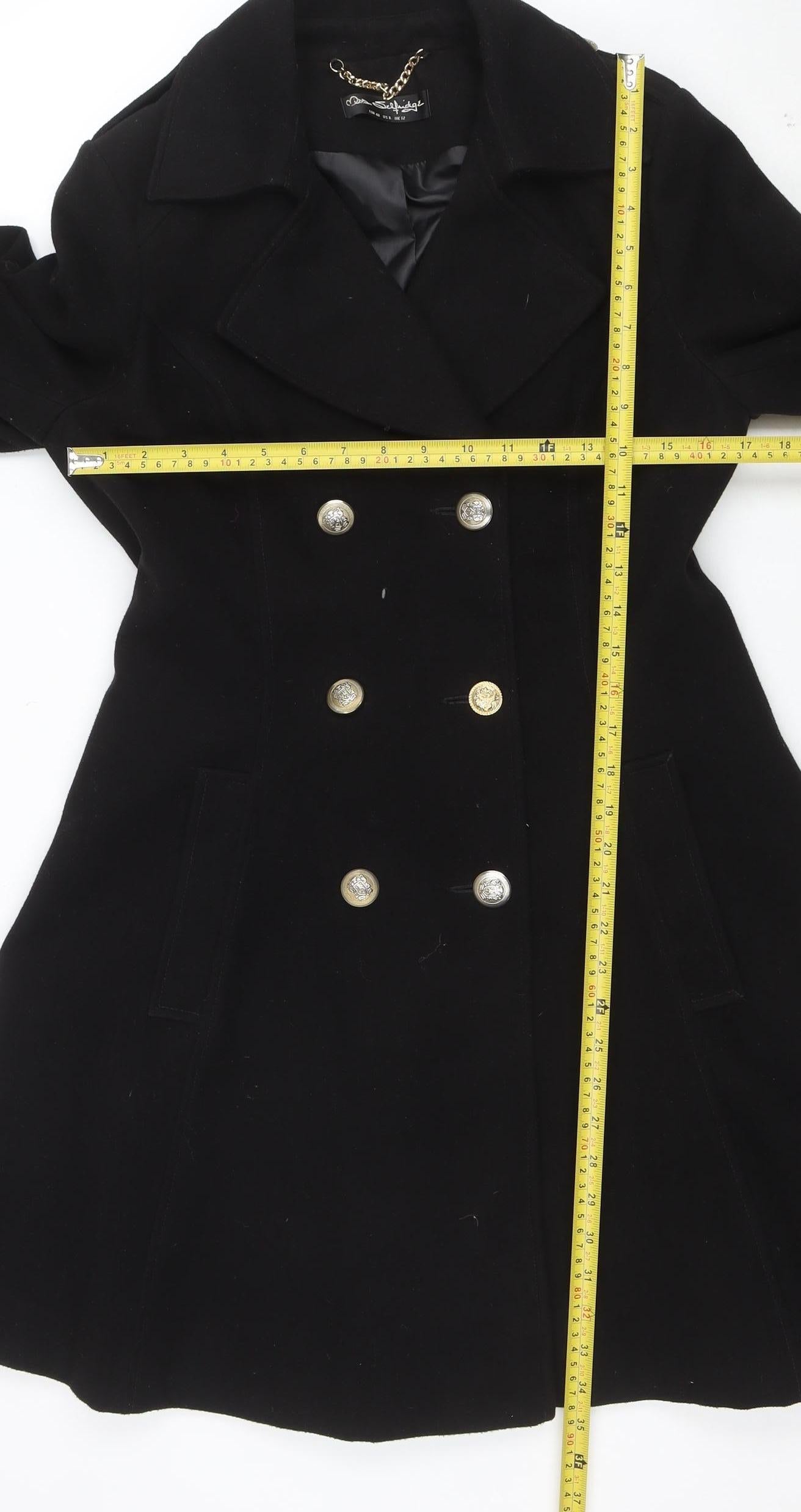 Miss Selfridge Women Black Pea Coat Size 12 Classic Mid-Length